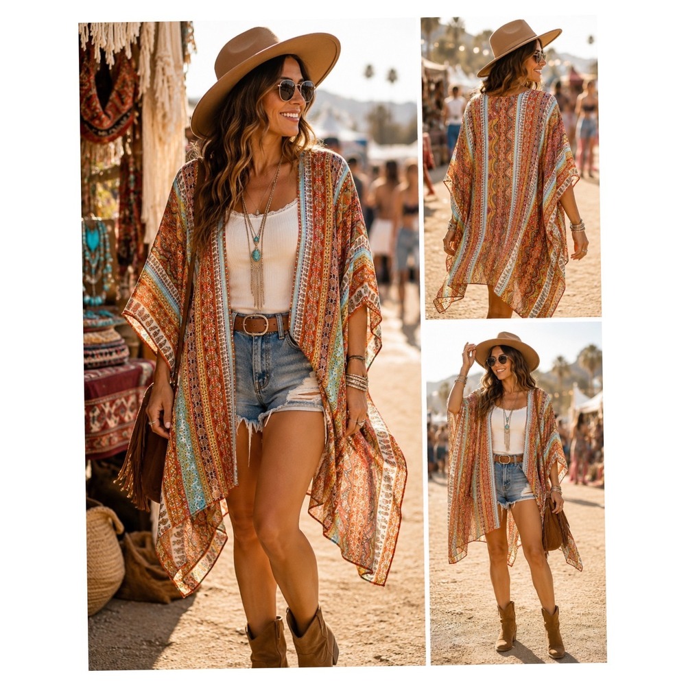 Democracy Womens Medium Kimono Cardigan Multi Color Paisley Stripe Boho Cover Up